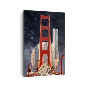 Impression sur toile - Image sur toile - Le Golden Gate Bridge avec la ville en arrière-plan contre un ciel étoilé - 70x100cm - Toujours au centre - Décoration murale moderne pour le salon et la chambre ARTTOR