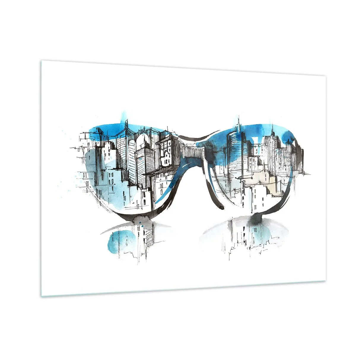 Impression sur verre - Image sur verre - Le panorama de la ville reflété dans les lunettes de soleil - 100x70cm - Le chic des grandes villes - Décoration murale moderne pour le salon et la chambre ARTTOR