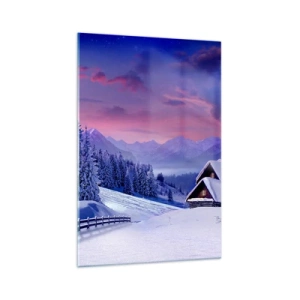 Impression sur verre - Image sur verre - Paysage d'hiver avec chalets de montagne au coucher du soleil - 70x100cm - Douce nuit - Décoration murale moderne pour le salon et la chambre ARTTOR