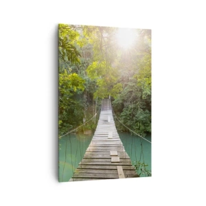 Impression sur toile - Image sur toile - Un pont suspendu dans une forêt tropicale illuminée par la lumière du soleil. - 80x120cm - De l'eau azur à la forêt azur - Décoration murale moderne pour le salon et la chambre ARTTOR