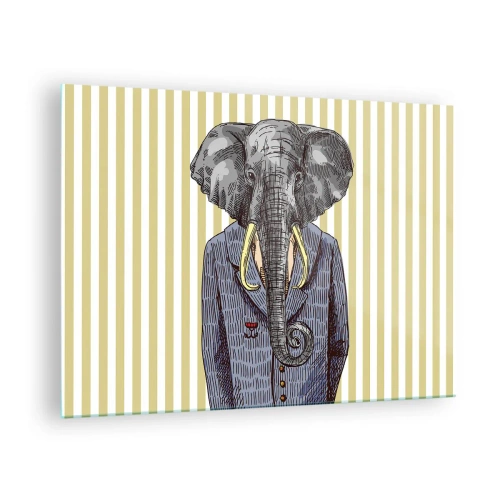 Impression sur verre - Image sur verre - Un éléphant en costume sur fond de rayures jaunes - 70x50cm - Élégant par nature - Décoration murale moderne pour le salon et la chambre ARTTOR