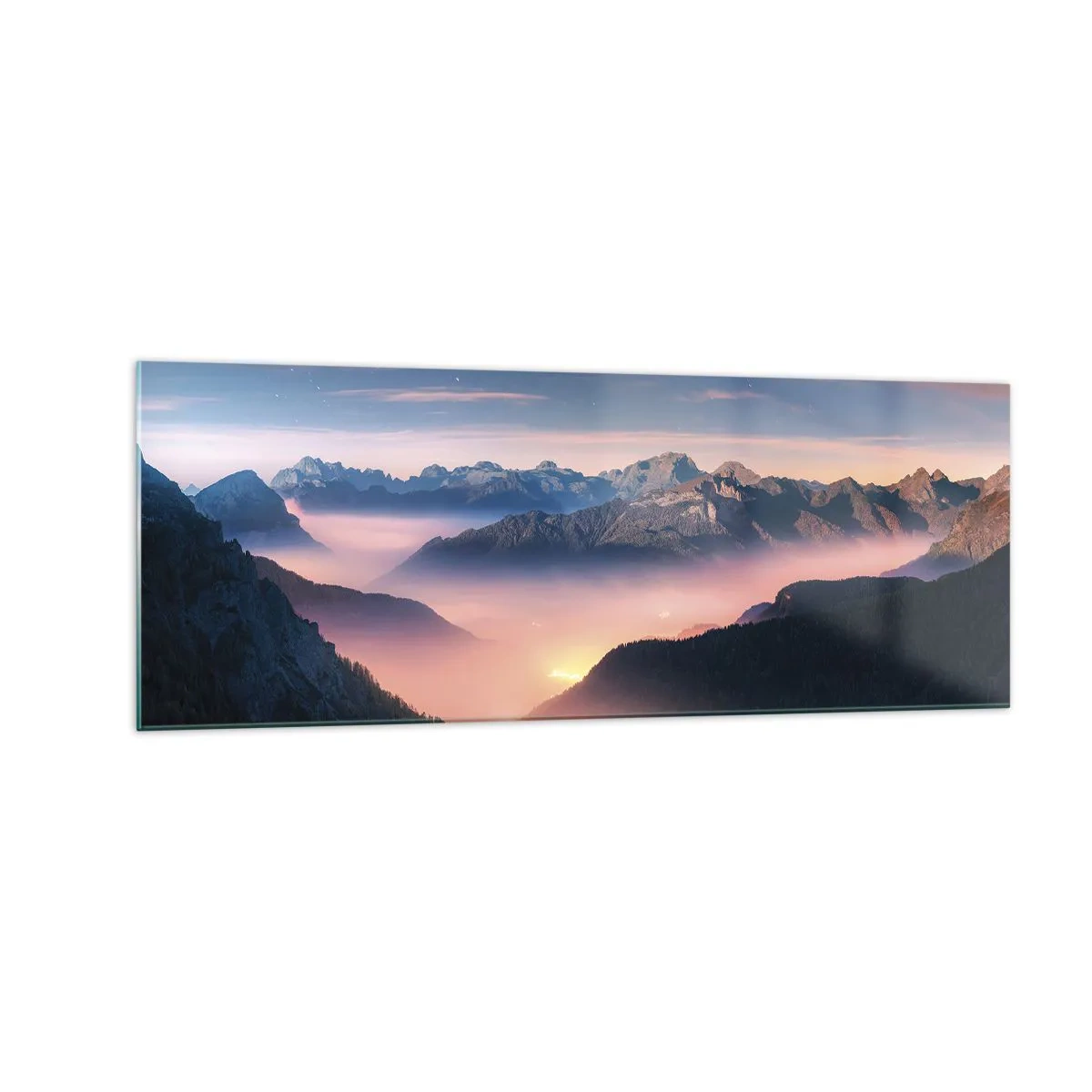 Impression sur verre - Image sur verre - Un paysage de montagne avec une vallée remplie de brouillard - 140x50cm - Lumière dans les vallées - Décoration murale moderne pour le salon et la chambre ARTTOR
