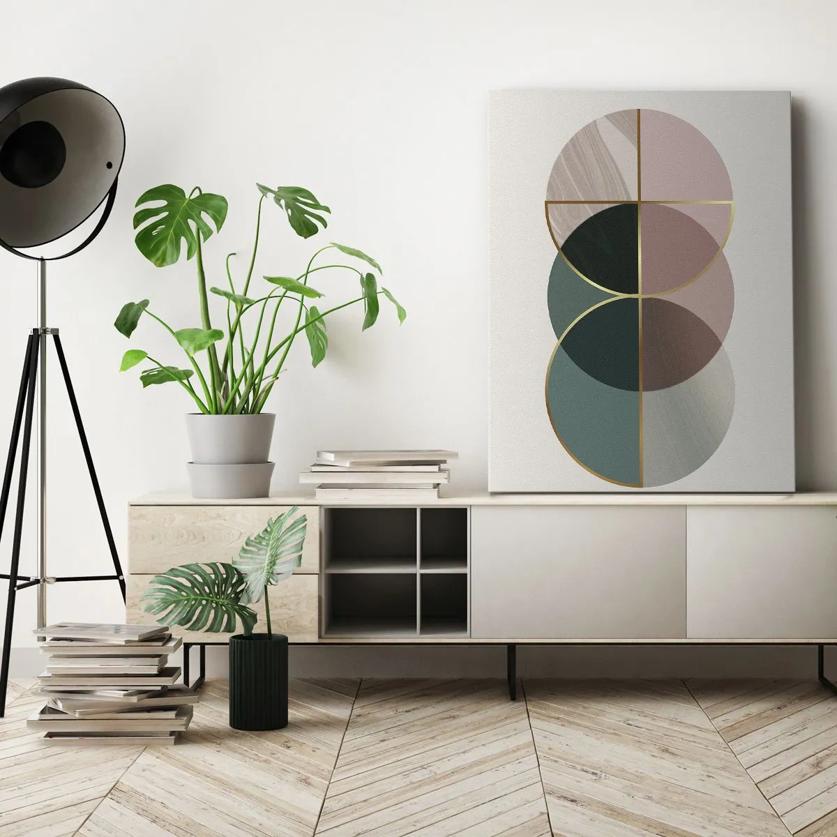 Impression sur toile - Image sur toile - Une composition abstraite de formes géométriques et de lignes dorées. - 70x100cm - Cercles après cercles - Décoration murale moderne pour le salon et la chambre ARTTOR