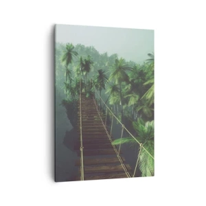 Impression sur toile - Image sur toile - Un pont suspendu dans une forêt tropicale entourée de brouillard. - 50x70cm - Au fil de la verdure - Décoration murale moderne pour le salon et la chambre ARTTOR