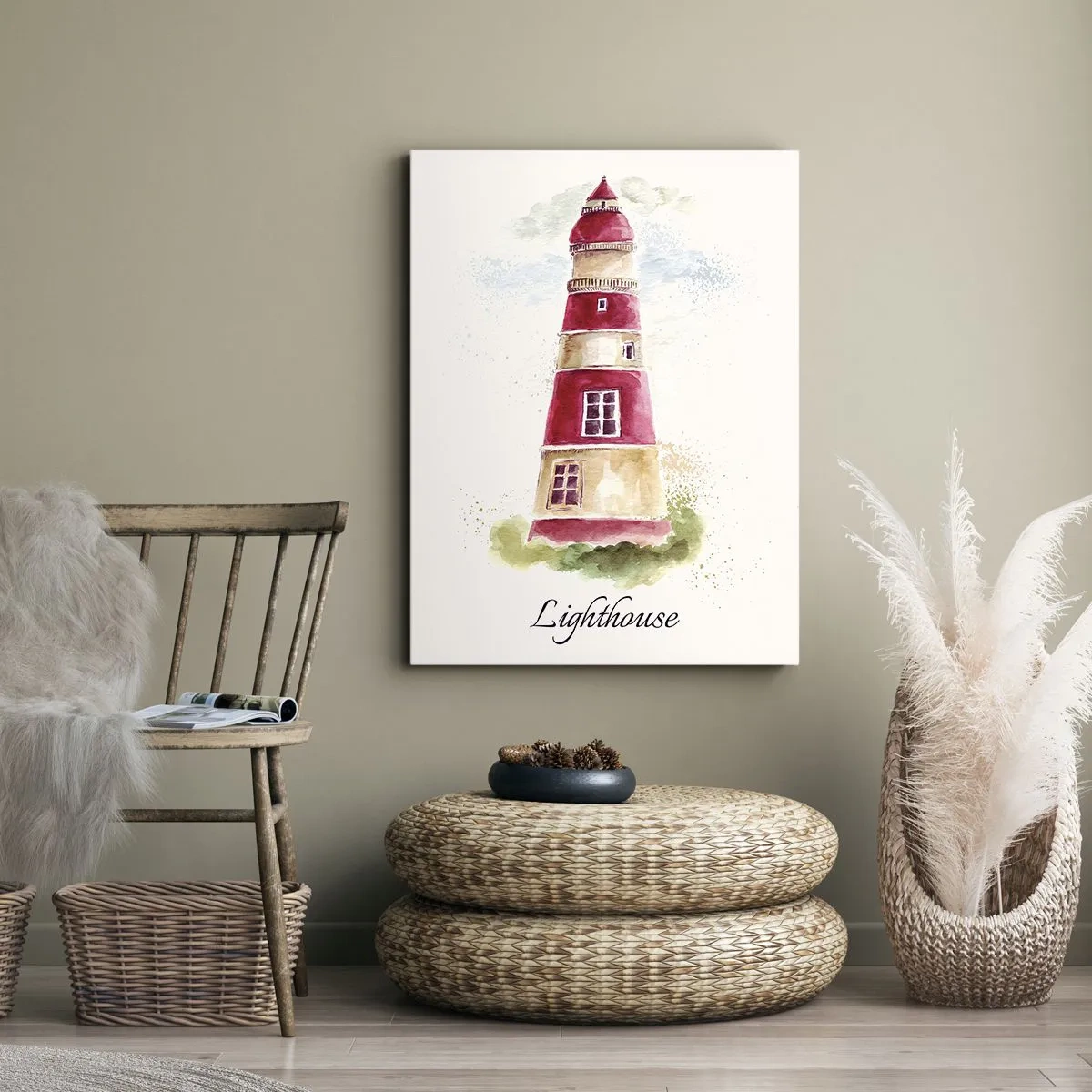 Impression sur toile - Image sur toile - Une aquarelle représentant un phare sur fond clair avec une inscription - 50x70cm - Il y a toujours beau temps autour - Décoration murale moderne pour le salon et la chambre ARTTOR