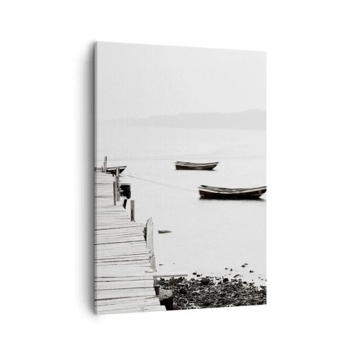 Impression sur toile - Image sur toile - Jetée en bois et bateaux sur une eau calme - 50x70cm - Calme et propre au bord de l'eau - Décoration murale moderne pour le salon et la chambre ARTTOR
