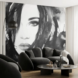 Papier Peint Photo Premium Sand - Portrait d'une dame en noir et blanc - Abstraction, Visage de femme, Portrait - 200x140 cm