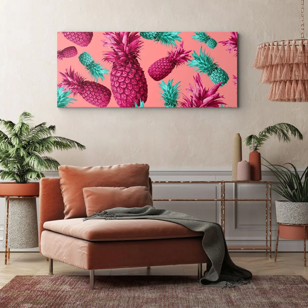 Impression sur toile - Image sur toile - Ananas exotiques aux couleurs roses et turquoise - 120x50cm - La liberté est douce - Décoration murale moderne pour le salon et la chambre ARTTOR