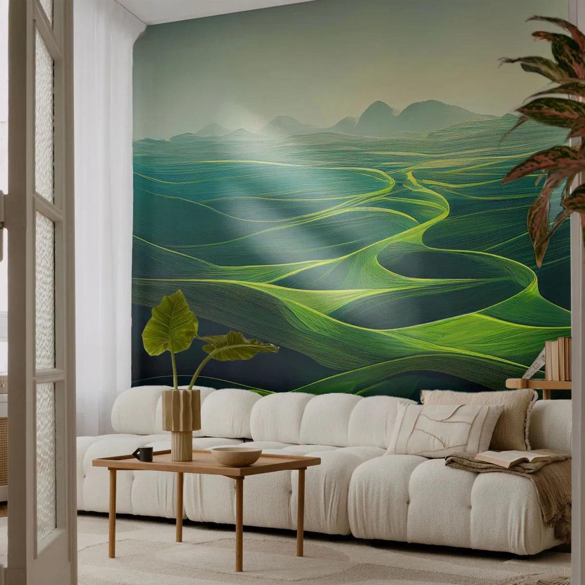 Papier Peint Photo Premium Canvas - Collines verdoyantes avec des sentiers vallonnés - 100x70cm - Dans les vallées verdoyantes - Décoration murale moderne pour le salon et la chambre ARTTOR