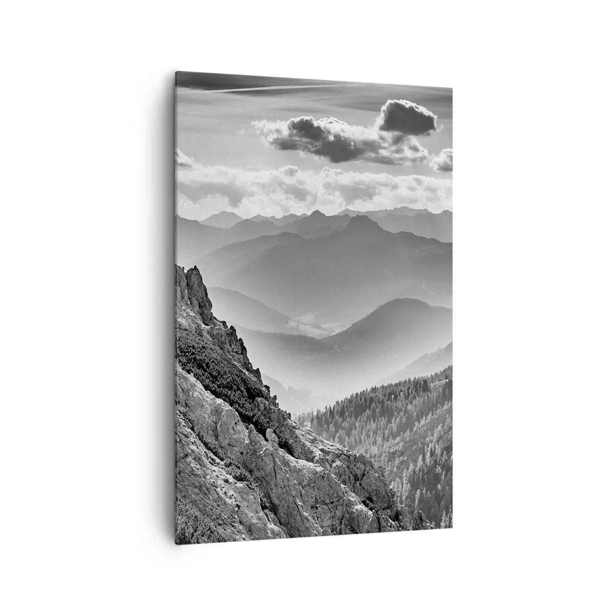 Impression sur toile - Image sur toile - Paysage de montagne en noir et blanc avec des nuages au-dessus des sommets - 80x120cm - Jusqu'à l'horizon - Décoration murale moderne pour le salon et la chambre ARTTOR