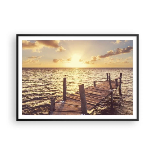 Affiche dans un cadre noir - Poster - Une jetée en bois menant vers le coucher du soleil - 100x70cm - La terre d'or de la douceur - Décoration murale moderne pour le salon et la chambre ARTTOR
