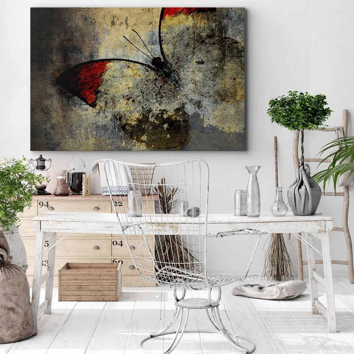 Impression sur toile - Image sur toile - Un papillon dans les tons de rouge et de gris sur un fond texturé - 100x70cm - Regarde avant que je disparaisse - Décoration murale moderne pour le salon et la chambre ARTTOR