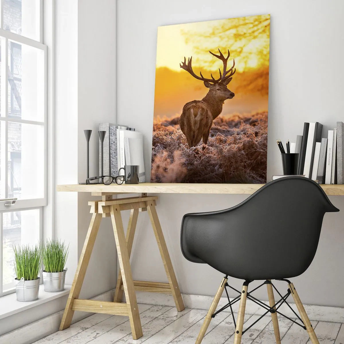 Impression sur verre - Image sur verre - Un cerf sur fond de forêt d'automne illuminée par le soleil doré - 70x100cm - Roi de la forêt automnal - Décoration murale moderne pour le salon et la chambre ARTTOR