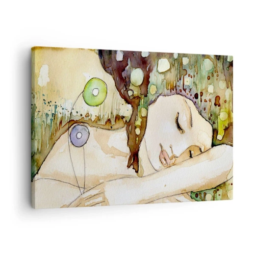 Impression sur toile - Image sur toile - Une femme rêvant entourée de formes et de couleurs abstraites. - 70x50cm - Un rêve violet émeraude - Décoration murale moderne pour le salon et la chambre ARTTOR