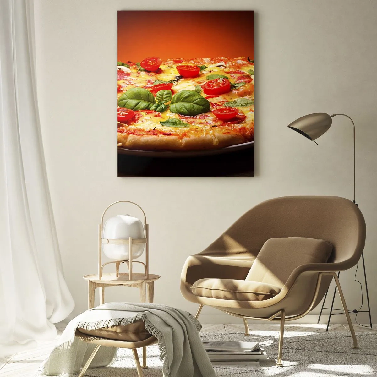Impression sur verre - Image sur verre - Pizza aux tomates et au basilic sur une table en bois - 80x120cm - Mamma mia! - Décoration murale moderne pour le salon et la chambre ARTTOR