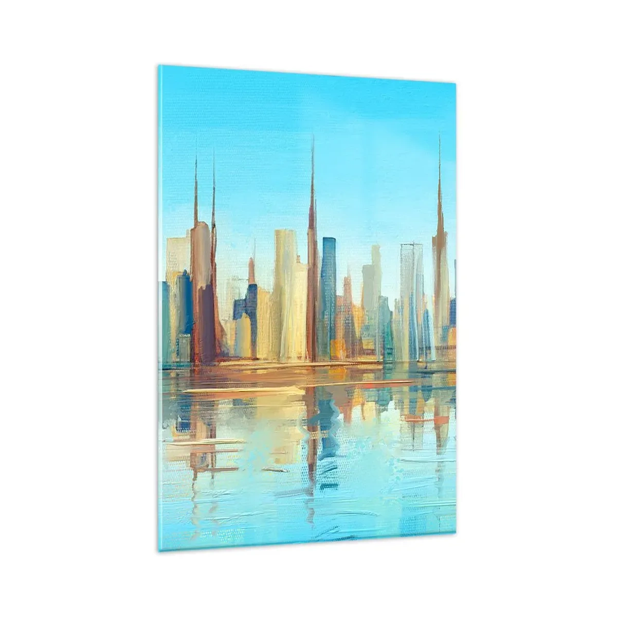 Impression sur verre - Image sur verre - Un panorama de la ville aux couleurs chaudes avec reflet dans l'eau - 80x120cm - Une métropole ensoleillée - Décoration murale moderne pour le salon et la chambre ARTTOR