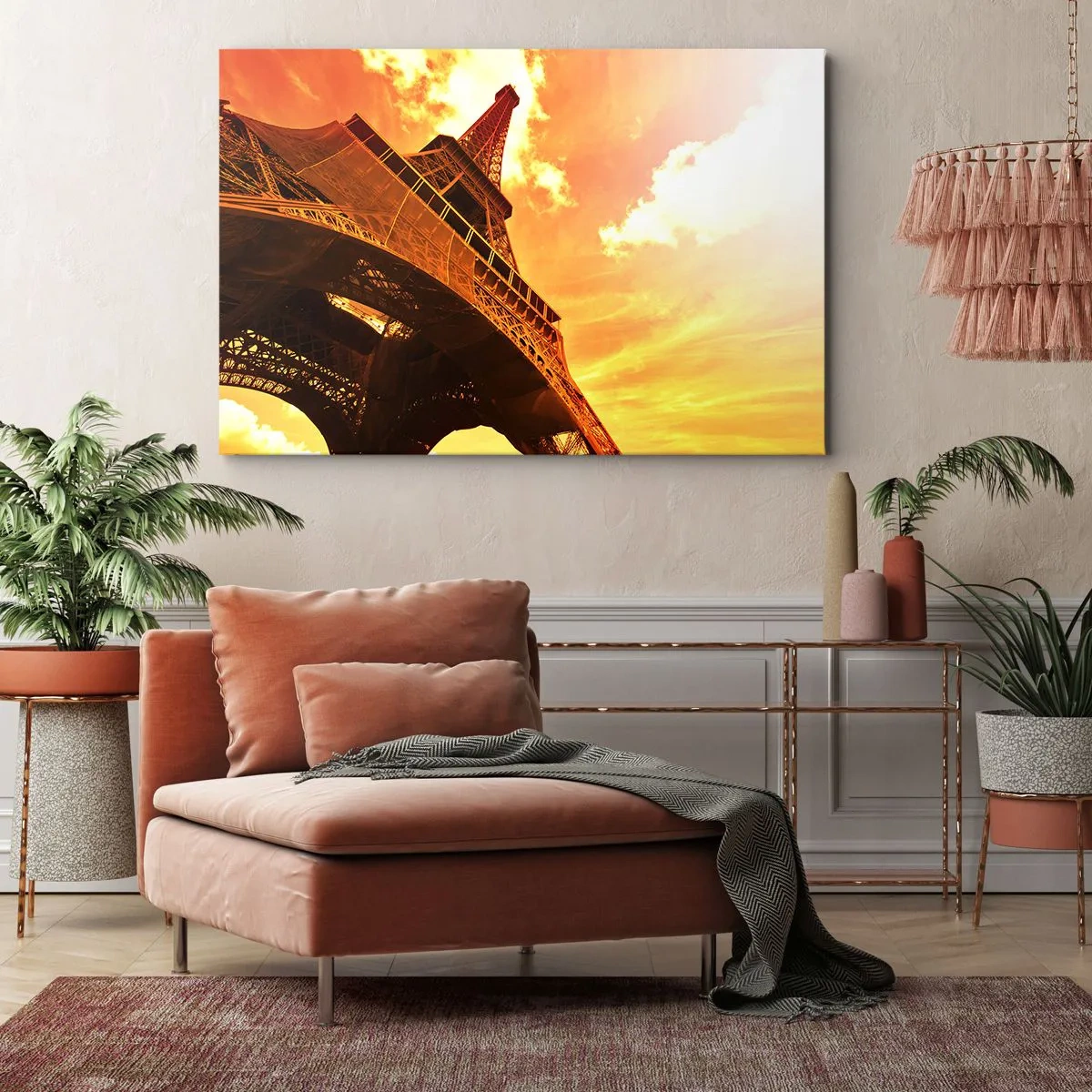 Impression sur toile - Image sur toile - La Tour Eiffel contre un ciel doré au coucher du soleil - 120x80cm - Monumental, car il est doré par le soleil - Décoration murale moderne pour le salon et la chambre ARTTOR