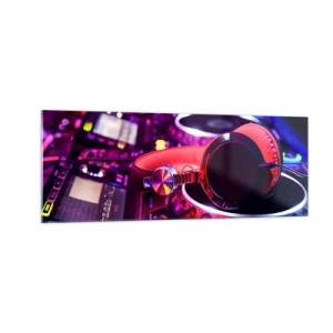 Impression sur verre - Image sur verre - Casque DJ sur une console avec éclairage néon - 140x50cm - Avant que le plaisir ne commence - Décoration murale moderne pour le salon et la chambre ARTTOR