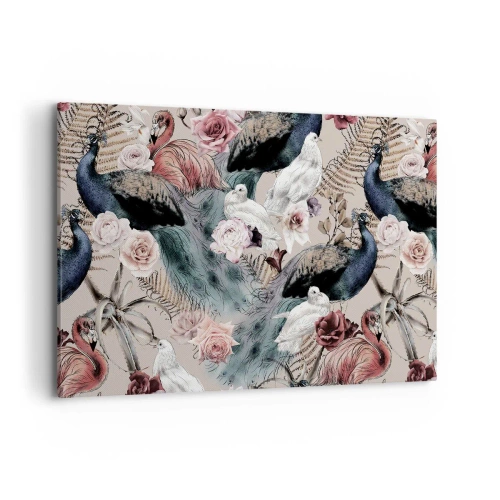 Impression sur toile - Image sur toile - Un paysage avec des plumes de paon, des roses et des oiseaux dans un style romantique. - 120x80cm - Dans un jardin de palace - Décoration murale moderne pour le salon et la chambre ARTTOR