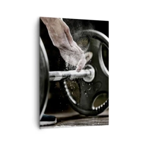 Impression sur toile - Image sur toile - Des haltères et les mains d'un athlète se préparant à l'entraînement - 70x100cm - Défi accepté! - Décoration murale moderne pour le salon et la chambre ARTTOR