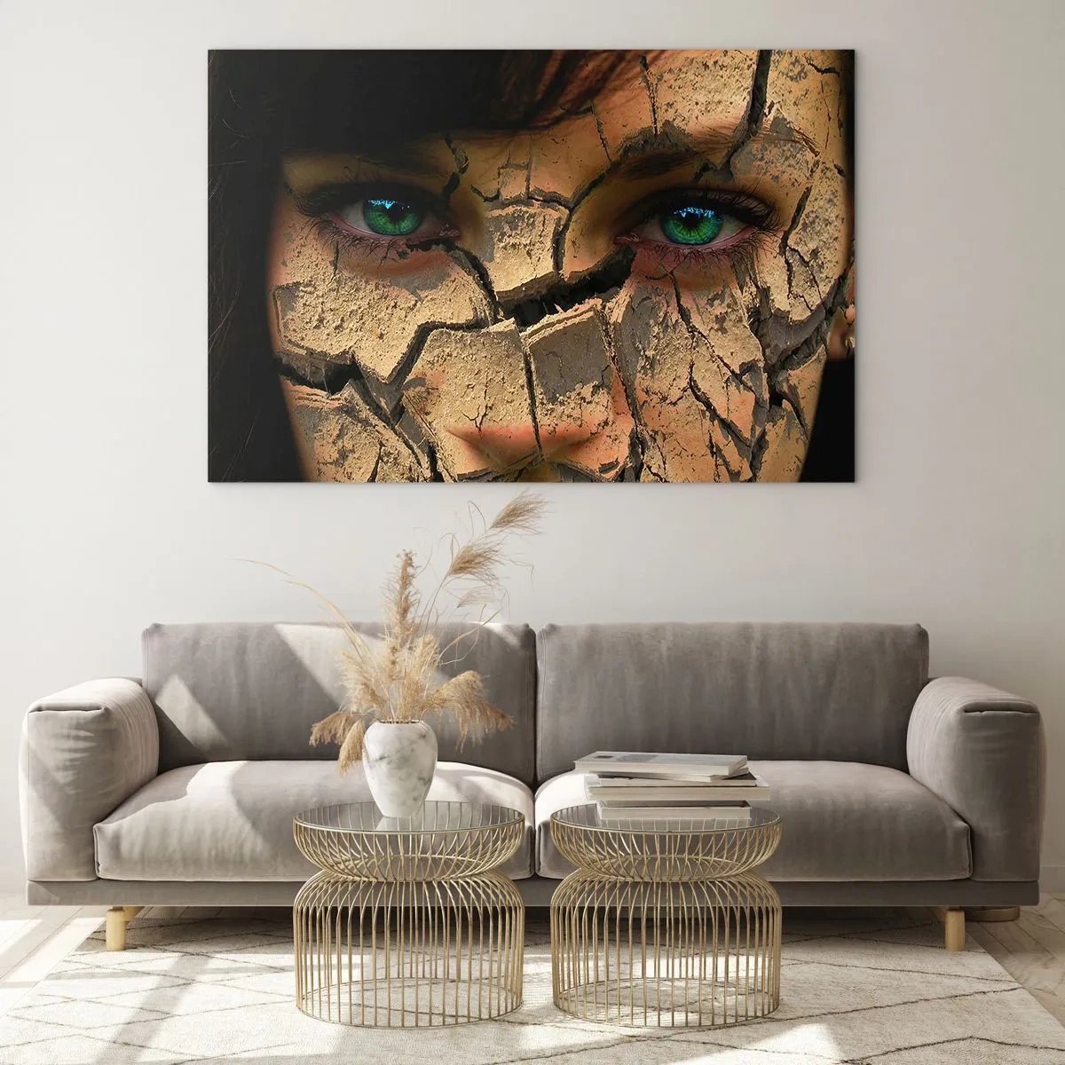 Impression sur verre - Image sur verre - Un visage de femme avec un effet de terre craquelée - 70x50cm - Plaisir et effroi en même temps - Décoration murale moderne pour le salon et la chambre ARTTOR