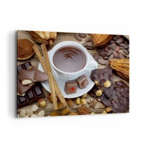 Impression sur toile - Image sur toile - Une tasse de chocolat chaud entourée d'ingrédients de dessert - 100x70cm - D'une chocolaterie de conte de fées - Décoration murale moderne pour le salon et la chambre ARTTOR