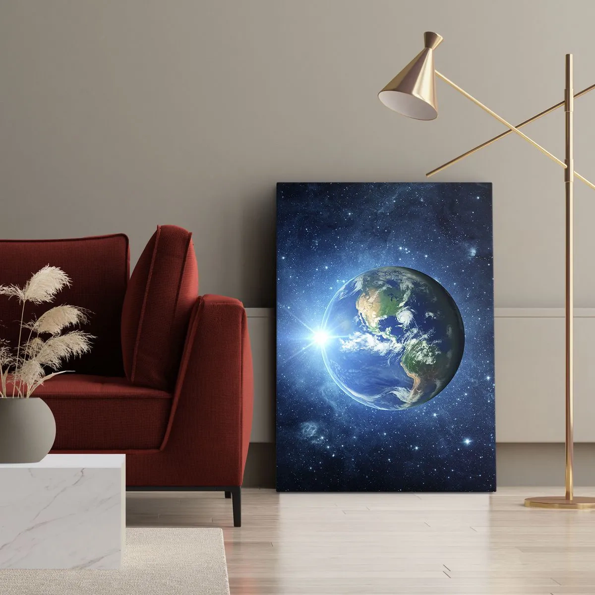 Impression sur toile - Image sur toile - La Terre dans l'espace entourée d'étoiles et de lumière - 50x70cm - Nous sommes au paradis - Décoration murale moderne pour le salon et la chambre ARTTOR