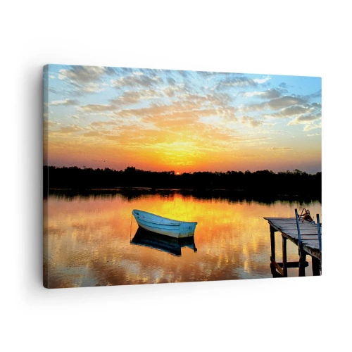 Impression sur toile - Image sur toile - Un bateau sur un lac calme au coucher du soleil - 70x50cm - Regardez, écoutez, méditez - Décoration murale moderne pour le salon et la chambre ARTTOR