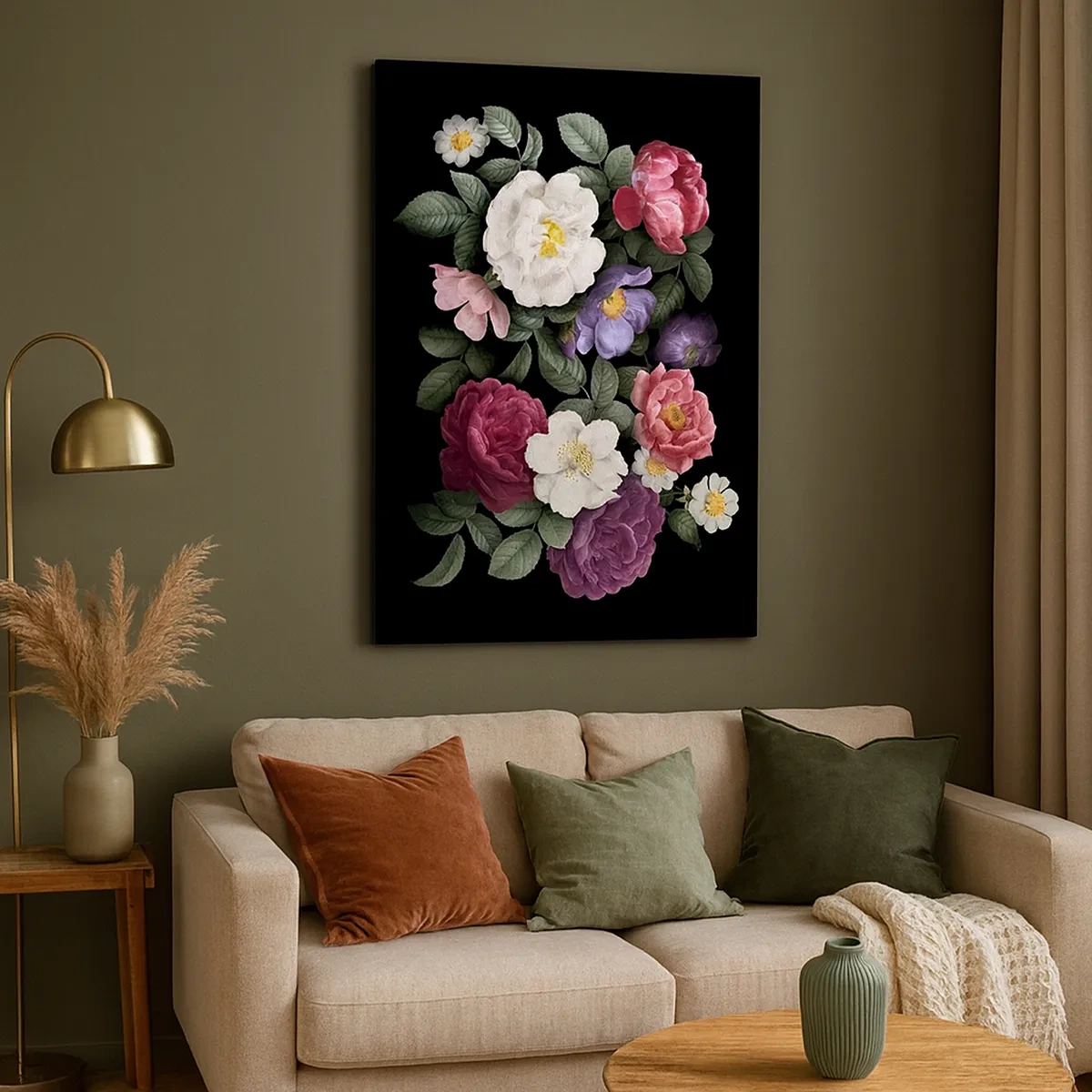 Impression sur toile - Image sur toile - Fleurs de différentes couleurs sur fond noir - 50x70cm - D'un jardin anglais - Décoration murale moderne pour le salon et la chambre ARTTOR