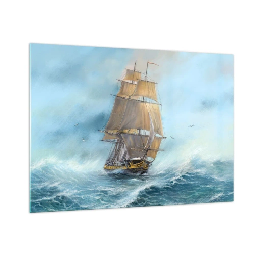 Impression sur verre - Image sur verre - Un voilier sur une mer agitée dans un style pictural - 100x70cm - Se précipitant sur les vagues - Décoration murale moderne pour le salon et la chambre ARTTOR