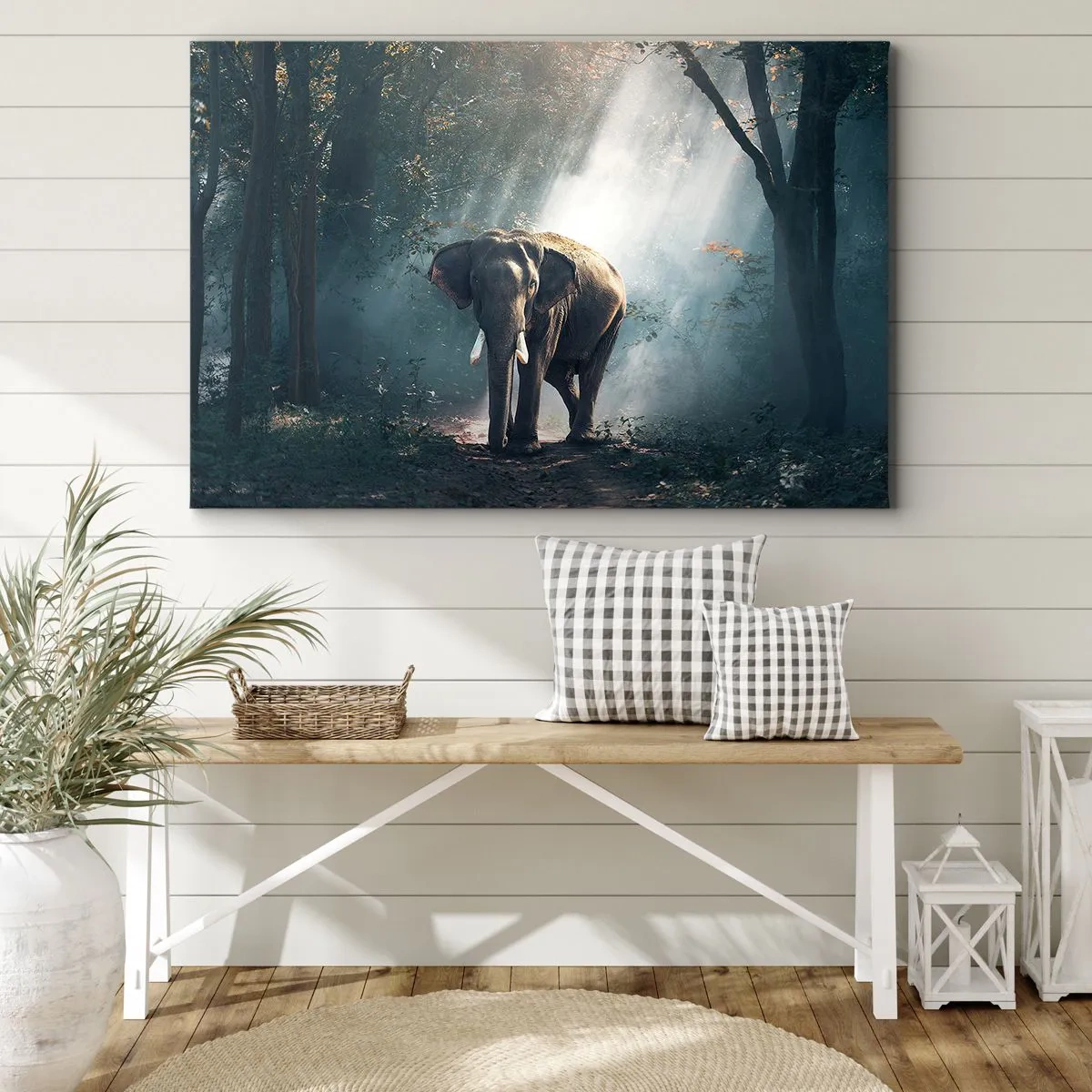 Impression sur toile - Image sur toile - Éléphant dans la lumière de la forêt - 120x80cm - Une balade tranquille - Décoration murale moderne pour le salon et la chambre ARTTOR