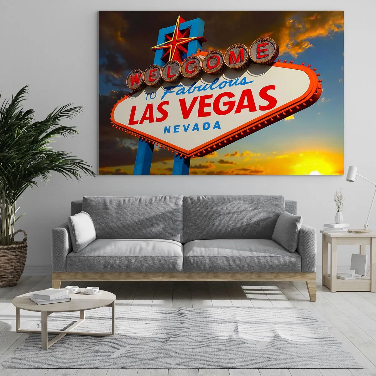 Impression sur verre - Image sur verre - Panneau de bienvenue à Las Vegas contre le soleil couchant - 70x50cm - Après un sourire du destin - Décoration murale moderne pour le salon et la chambre ARTTOR