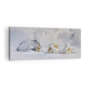 Impression sur toile - Image sur toile - Paysage d'hiver avec un chalet et des meules de foin dans les montagnes - 120x50cm - Dans une vallée enneigée - Décoration murale moderne pour le salon et la chambre ARTTOR