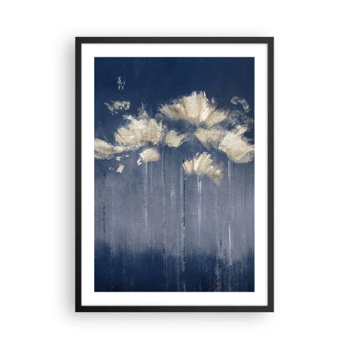 Affiche dans un cadre noir - Poster - Fleurs abstraites dorées sur un fond bleu marine profond - 50x70cm - Comme des pétales au vent - Décoration murale moderne pour le salon et la chambre ARTTOR