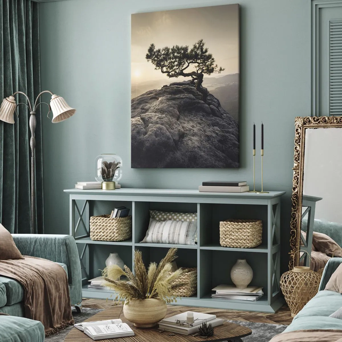 Impression sur toile - Image sur toile - Un arbre solitaire sur un pic rocheux au soleil - 70x100cm - La vie gagne toujours - Décoration murale moderne pour le salon et la chambre ARTTOR