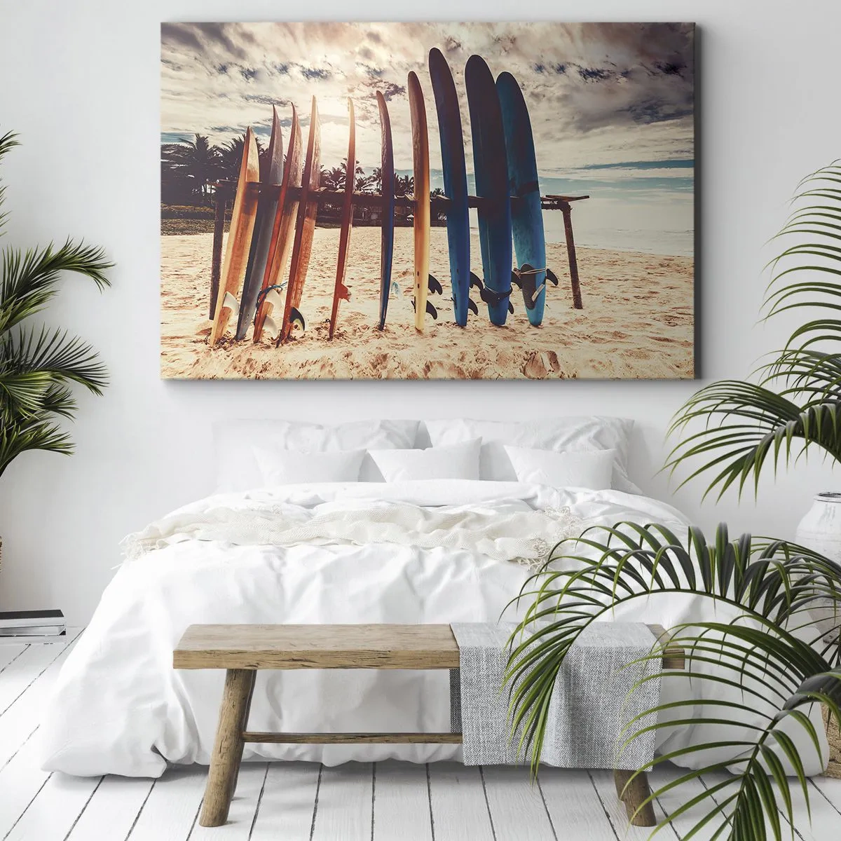 Impression sur toile - Image sur toile - Planches de surf sur la plage au coucher du soleil - 100x70cm - Bonne nuit, à demain - Décoration murale moderne pour le salon et la chambre ARTTOR