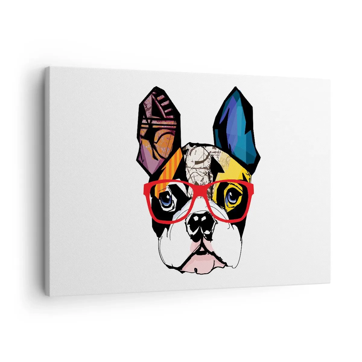 Impression sur toile - Image sur toile - Bouledogue dans une illustration colorée avec des lunettes rouges - 70x50cm - Intellectuel - Décoration murale moderne pour le salon et la chambre ARTTOR