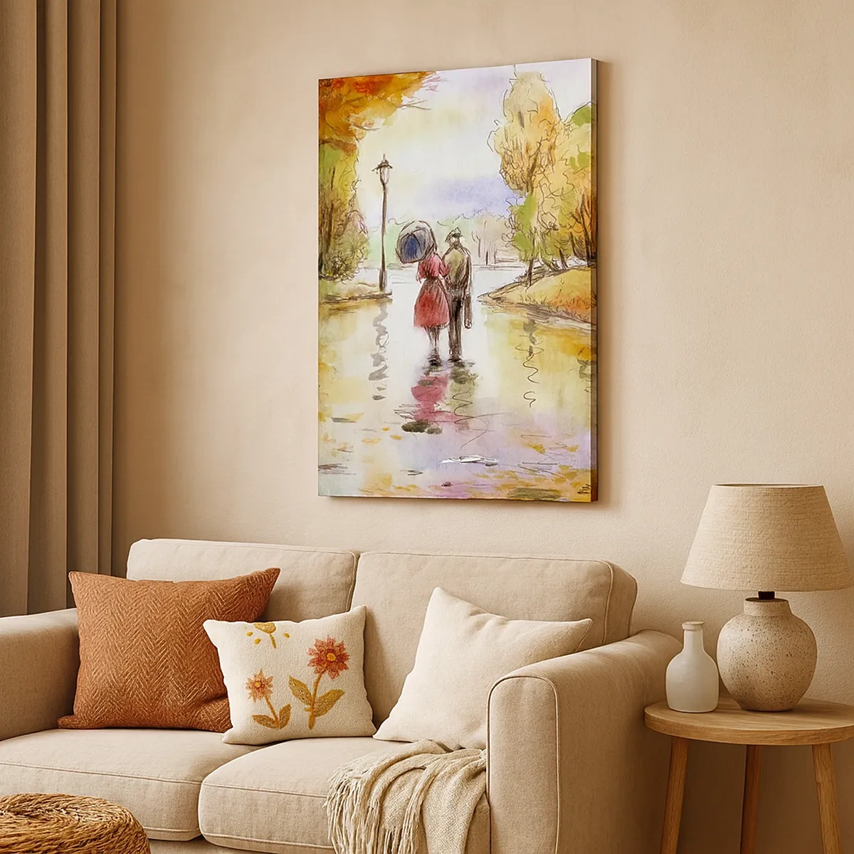 Impression sur toile - Image sur toile - Une promenade dans le parc d'automne avec un parapluie - 50x70cm - Automne romantique dans le parc - Décoration murale moderne pour le salon et la chambre ARTTOR