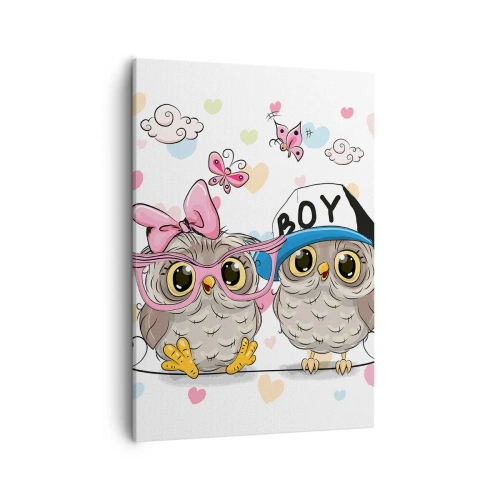 Impression sur toile - Image sur toile - Deux adorables hiboux entourés de cœurs - 50x70cm - On s'aime! - Décoration murale moderne pour le salon et la chambre ARTTOR