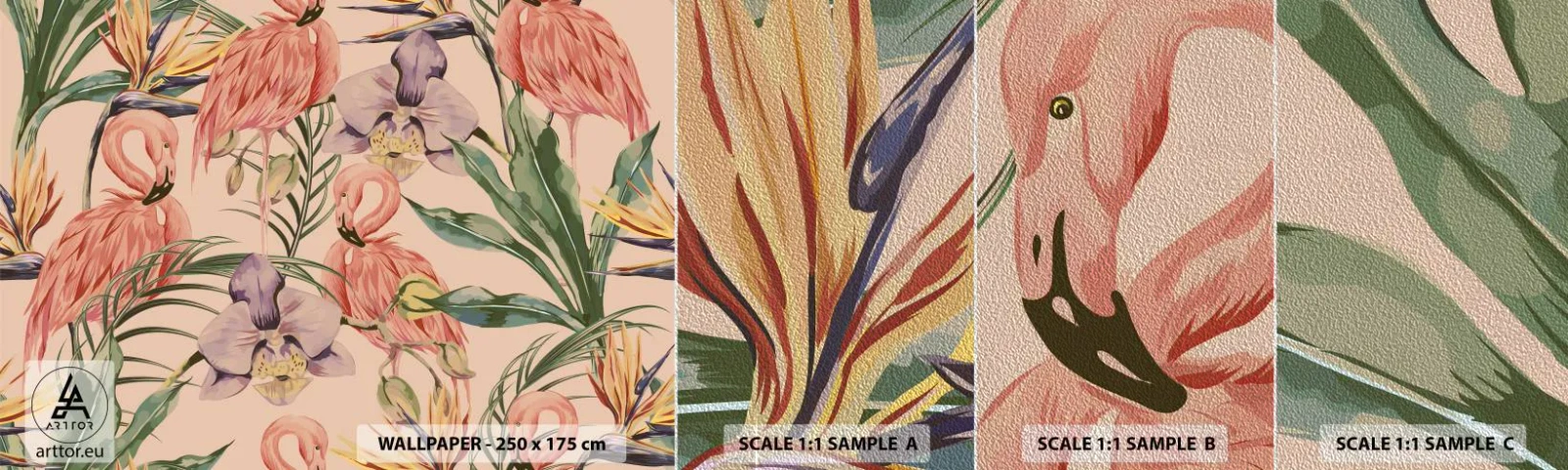 Échantillon de Papier Peint Premium Sand - Ballet rose dans les fleurs - Oiseau, Flamant, Jungle - 100x30 cm
