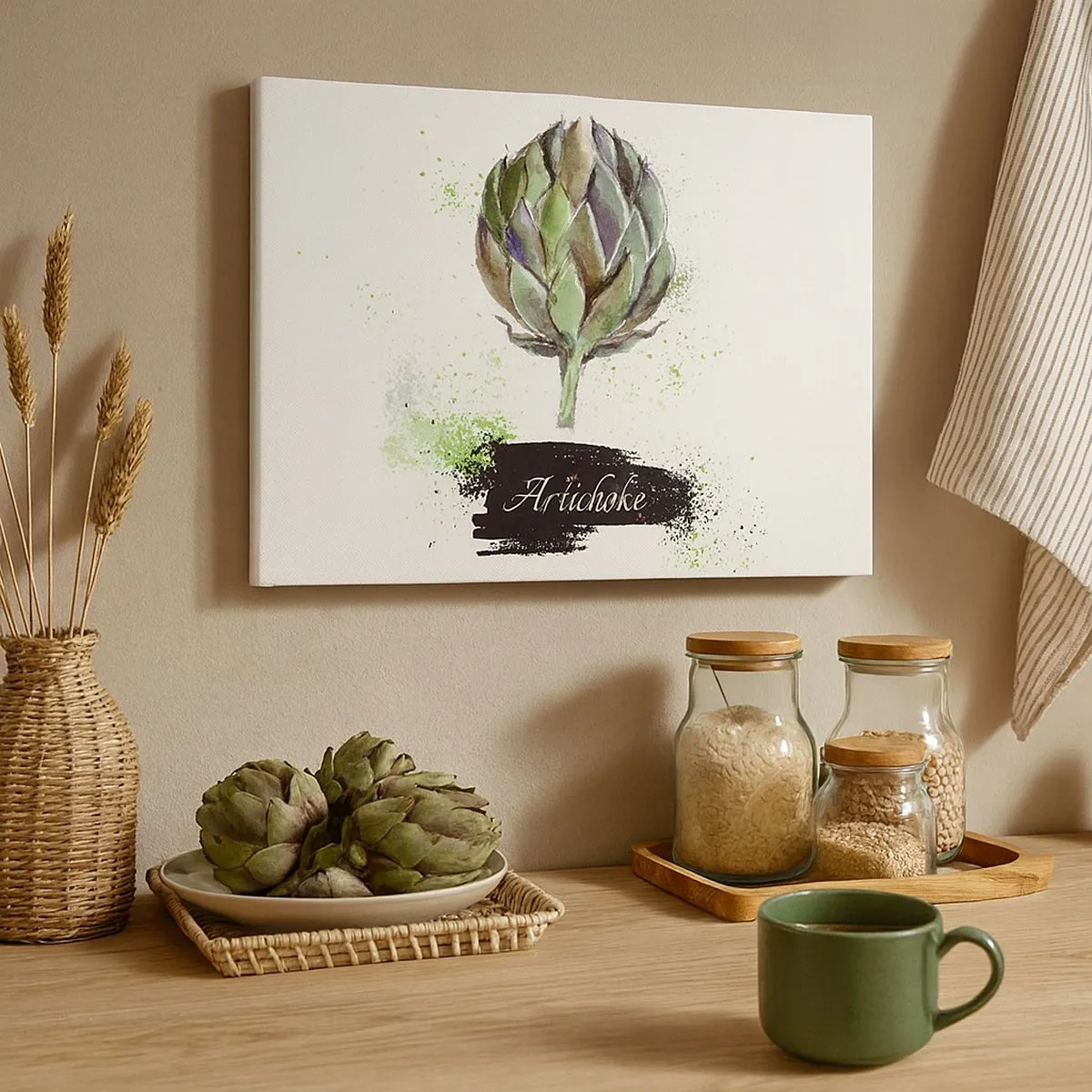 Impression sur toile - Image sur toile - Artichaut à l'aquarelle avec texte sur fond clair aux accents verts - 70x50cm - Vive les légumes! - Décoration murale moderne pour le salon et la chambre ARTTOR