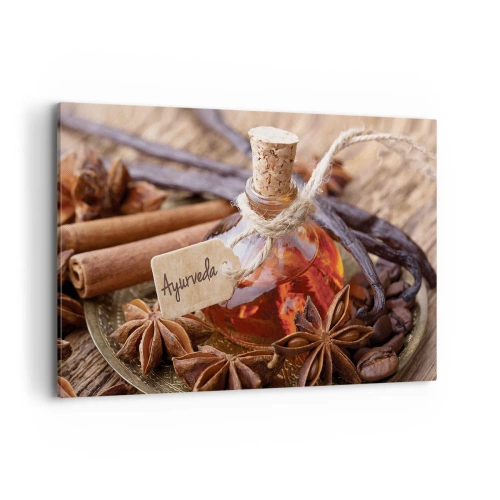 Impression sur toile - Image sur toile - Une bouteille d'huile d'épices sur un plateau - 120x80cm - Vers l'unité du corps et de l'esprit - Décoration murale moderne pour le salon et la chambre ARTTOR
