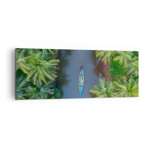 Impression sur toile - Image sur toile - Vue aérienne d'un bateau sur une rivière entourée de palmiers - 140x50cm - Sur un sentier tropical - Décoration murale moderne pour le salon et la chambre ARTTOR