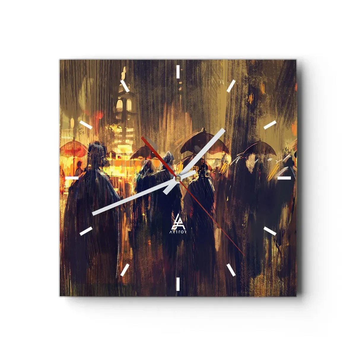 Horloge murale - Pendule murale - Personnages avec des parapluies dans une ville pluvieuse la nuit - 30x30cm - Adeptes de la pluie - Décoration murale moderne pour le salon et la chambre ARTTOR