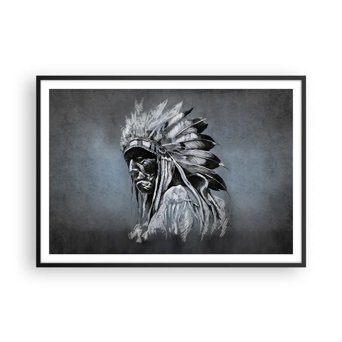 Affiche dans un cadre noir - Poster - Portrait d'un chef indien portant une coiffe traditionnelle - 100x70cm - Retour aux sources - Décoration murale moderne pour le salon et la chambre ARTTOR