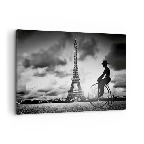 Impression sur toile - Image sur toile - Image en noir et blanc d'un vélo rétro avec la tour Eiffel en arrière-plan - 120x80cm - Nostalgie de la Belle Epoque - Décoration murale moderne pour le salon et la chambre ARTTOR