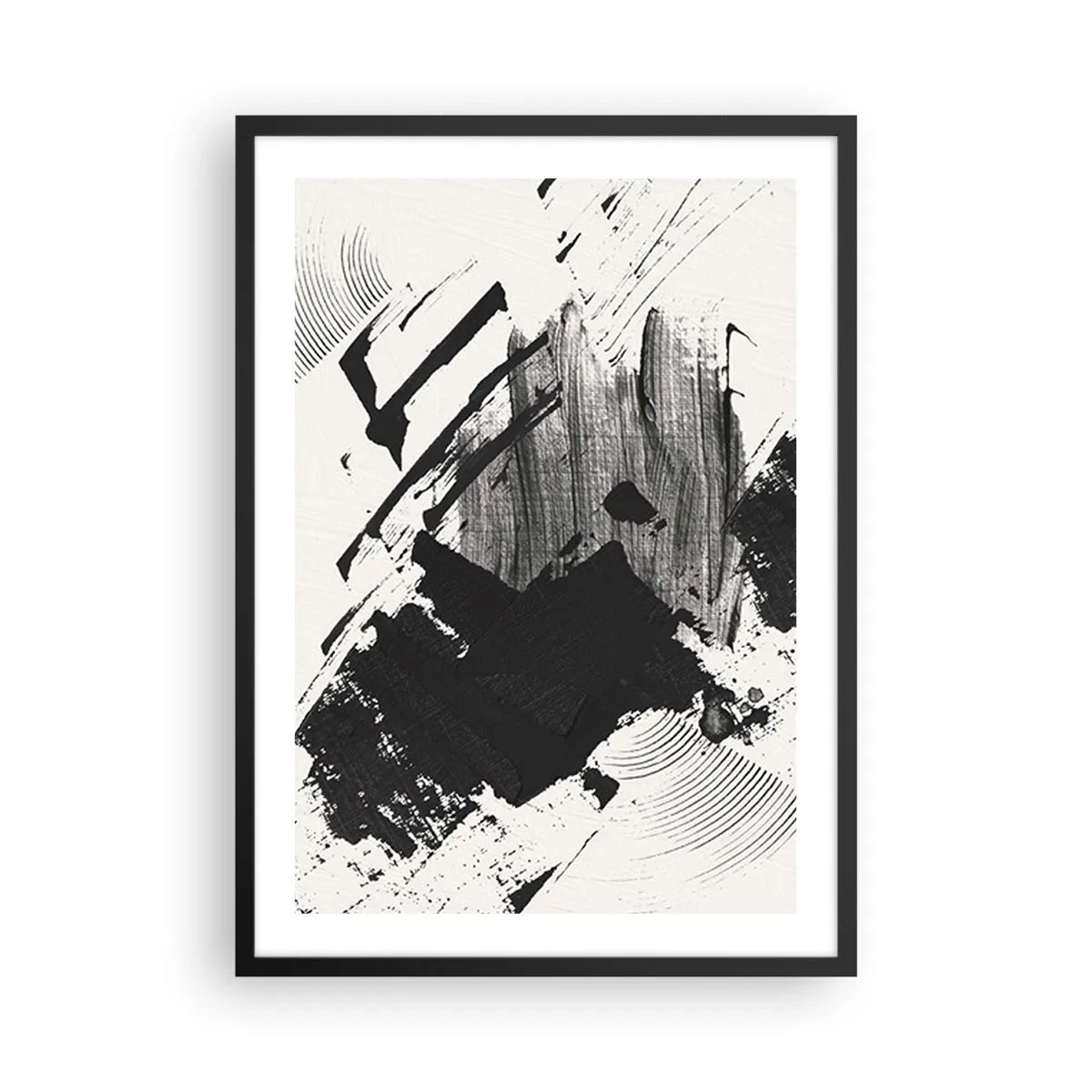 Affiche dans un cadre noir - Poster - Coups de pinceau abstraits en noir et blanc - 50x70cm - Abstraction – expression du noir - Décoration murale moderne pour le salon et la chambre ARTTOR
