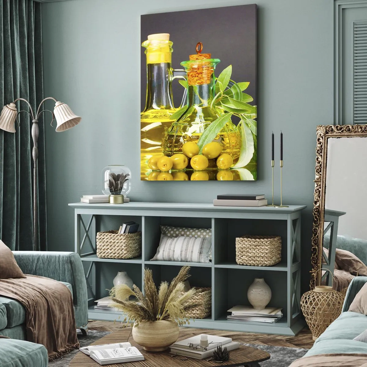 Impression sur toile - Image sur toile - Nature morte aux olives et à l'huile d'olive - 45x80 cm