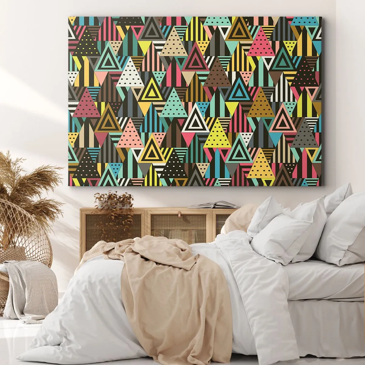 Impression sur toile - Image sur toile - Motif géométrique coloré avec des triangles et des lignes - 70x50cm - En rythme de trois - Décoration murale moderne pour le salon et la chambre ARTTOR
