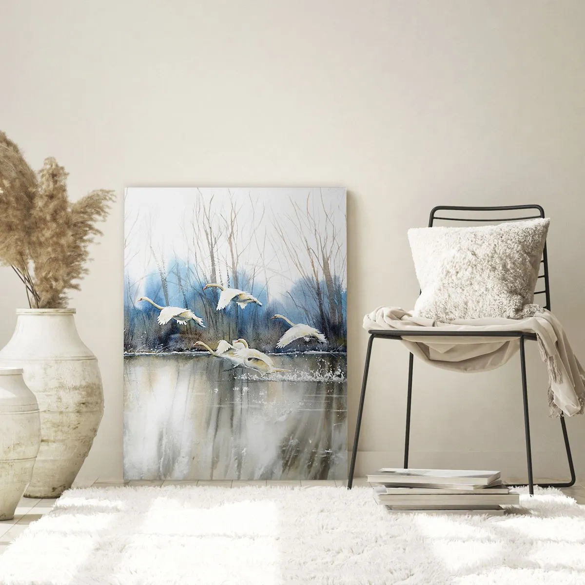 Impression sur verre - Image sur verre - Cygnes sauvages survolant un lac forestier paisible - 50x70cm - Comme dans un conte de fées sur les cygnes sauvages - Décoration murale moderne pour le salon et la chambre ARTTOR